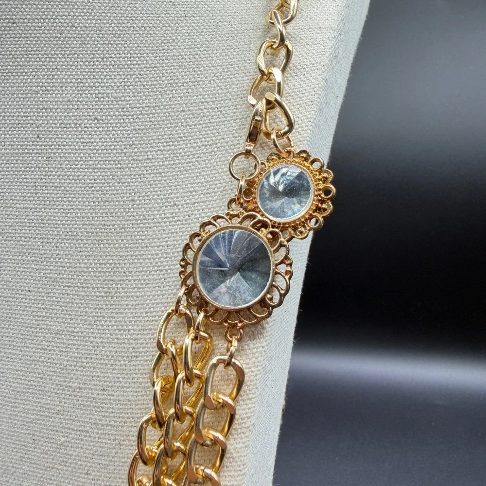 Gold Tone Triple Strand Chain Necklace Clear Rhinestone Statement Layered Boho